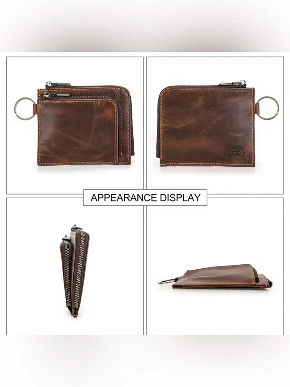 New Vintage Brown genuine Leather Zip Wallet with Keyring Accent